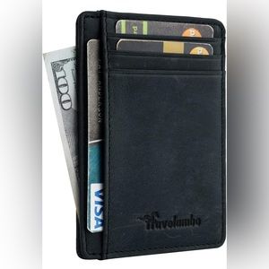 NIB Travelambo 100% blue leather minimalist slim wallet with RFID blocking